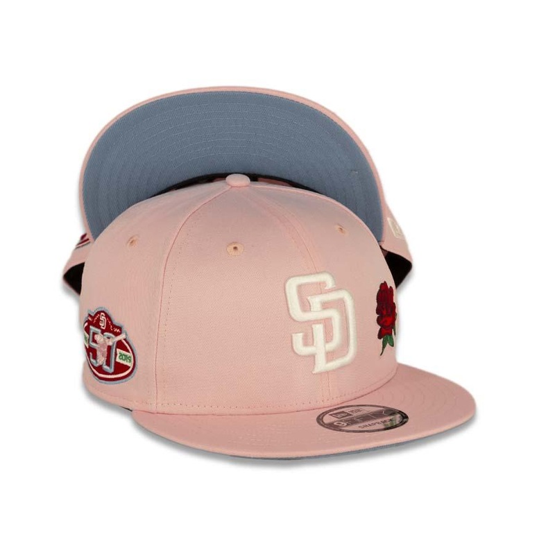 San Diego Padres New Era MLB 9FIFTY 950 Snapback Cap Hat Pink Crown/Visor White Logo with Rose 50th Anniversary Side Patch