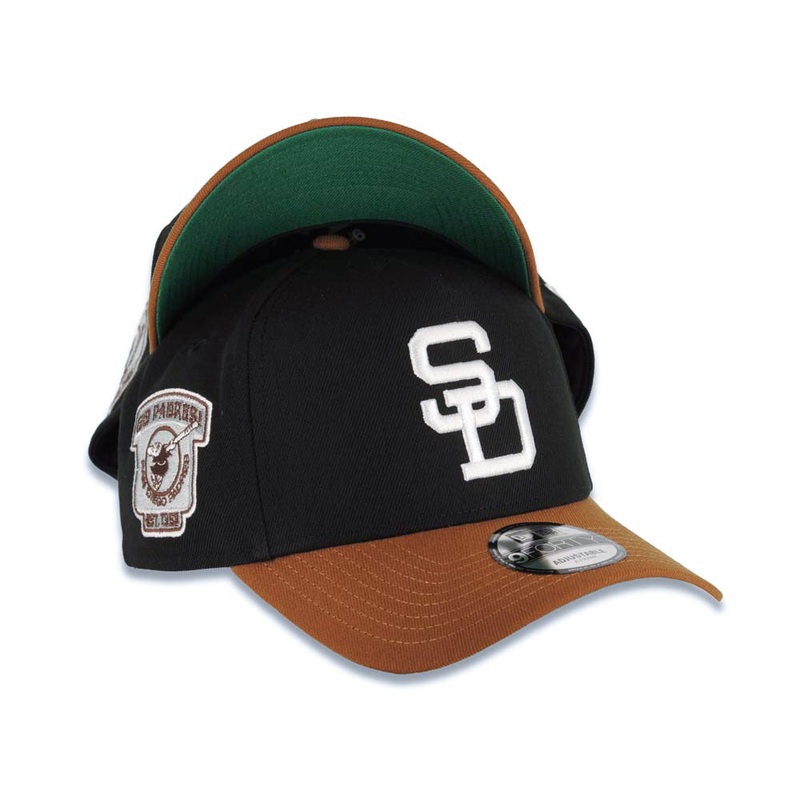 San Diego Padres New Era MLB 9FORTY 940 Adjustable A-Frame Cap Hat Black Crown Brown Visor White Cooperstown Logo Established 1969 Side Patch