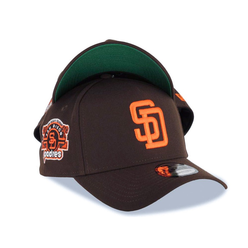 San Diego Padres New Era MLB 9FORTY 940 Adjustable A-Frame Cap Hat Brown Crown/Visor Orange Logo Stadium Side Patch Green UV