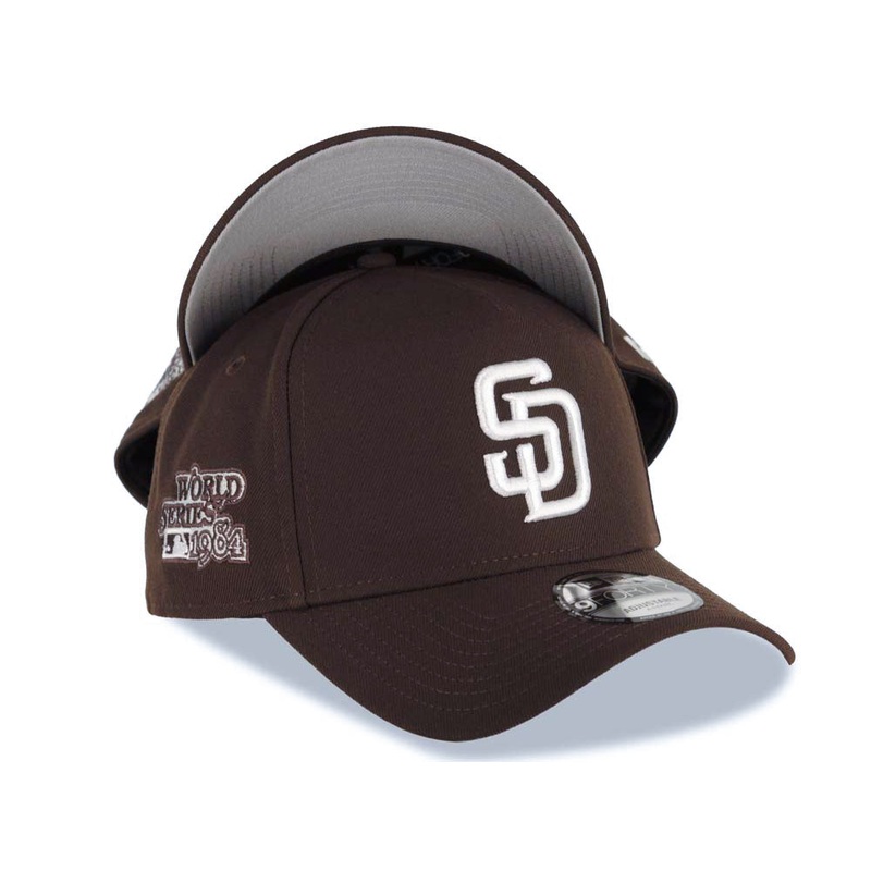 San Diego Padres New Era MLB 9FORTY 940 Adjustable A-Frame Cap Hat Brown Crown/Visor White Logo 1984 World Series Side Patch Gray UV