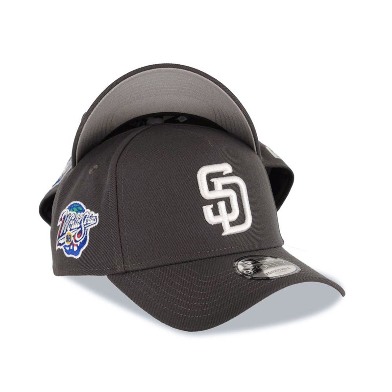 San Diego Padres New Era MLB 9FORTY 940 Adjustable A-Frame Cap Hat Gray Crown/Visor White Logo 1998 World Series Side Patch Gray UV
