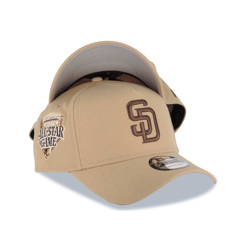 San Diego Padres New Era MLB 9FORTY 940 Adjustable A-Frame Cap Hat Khaki Crown/Visor Brown Logo 1992 All-Star Game Side Patch Gray UV