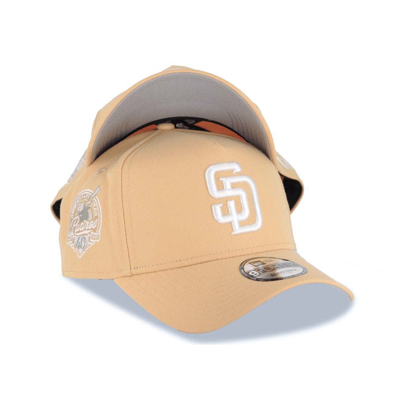 San Diego Padres New Era MLB 9FORTY 940 Adjustable A-Frame Cap Hat Khaki Crown/Visor White Logo 40th Anniversary Side Patch Gray UV