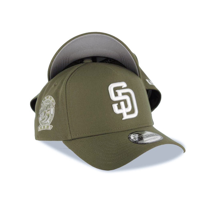 San Diego Padres New Era MLB 9FORTY 940 Adjustable A-Frame Cap Hat Olive Green Crown/Visor White Logo 25th Anniversary Side Patch Gray UV