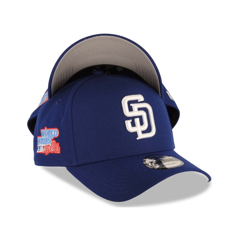San Diego Padres New Era MLB 9FORTY 940 Adjustable A-Frame Cap Hat Royal Blue Crown/Visor White Logo 1984 World Series Side Patch Gray UV