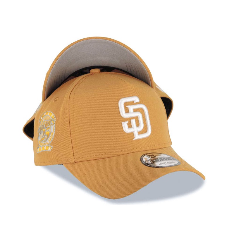 San Diego Padres New Era MLB 9FORTY 940 Adjustable A-Frame Cap Hat Tan Crown/Visor White Logo 25th Anniversary Side Patch Gray UV