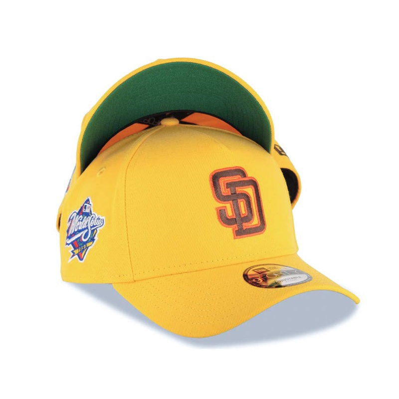 San Diego Padres New Era MLB 9FORTY 940 Adjustable A-Frame Cap Hat Yellow Crown/Visor Brown/Orange Logo 1998 World Series Side Patch Green UV