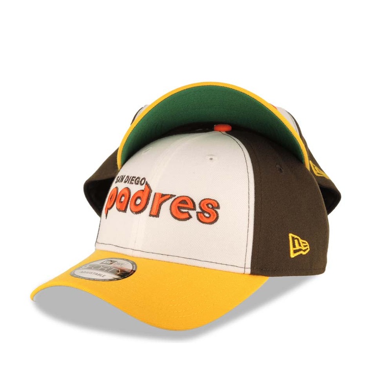 San Diego Padres New Era MLB 9FORTY 940 Adjustable Cap Hat White/Brown Crown Yellow Visor Orange/Brown Text Logo Green UV