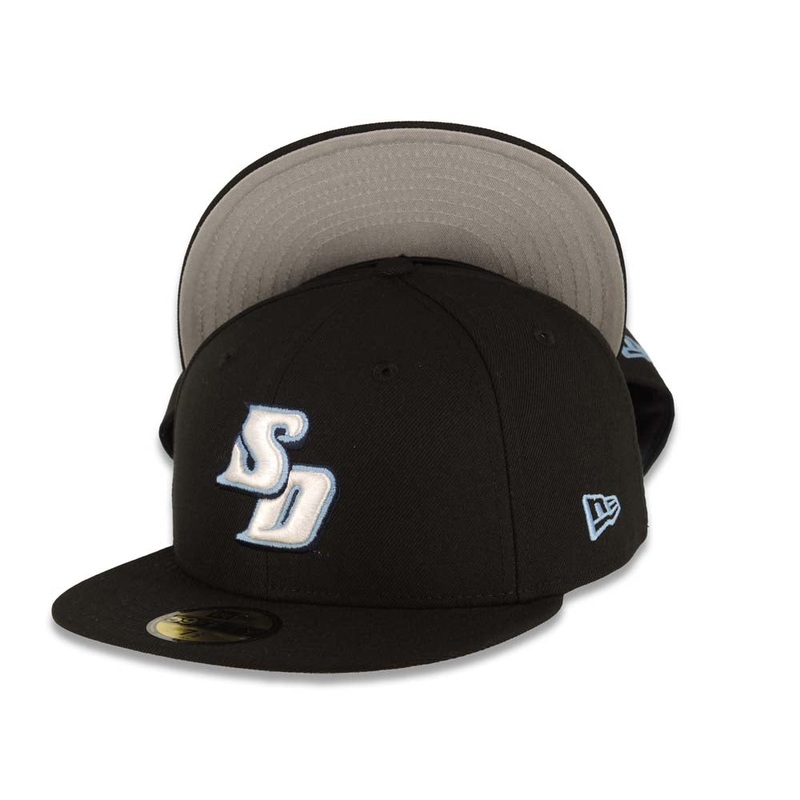 University of San Diego Toreros New Era NCAA 59FIFTY 5950 Fitted Cap Hat Black Crown/Visor White/Sky Blue Logo Gray UV