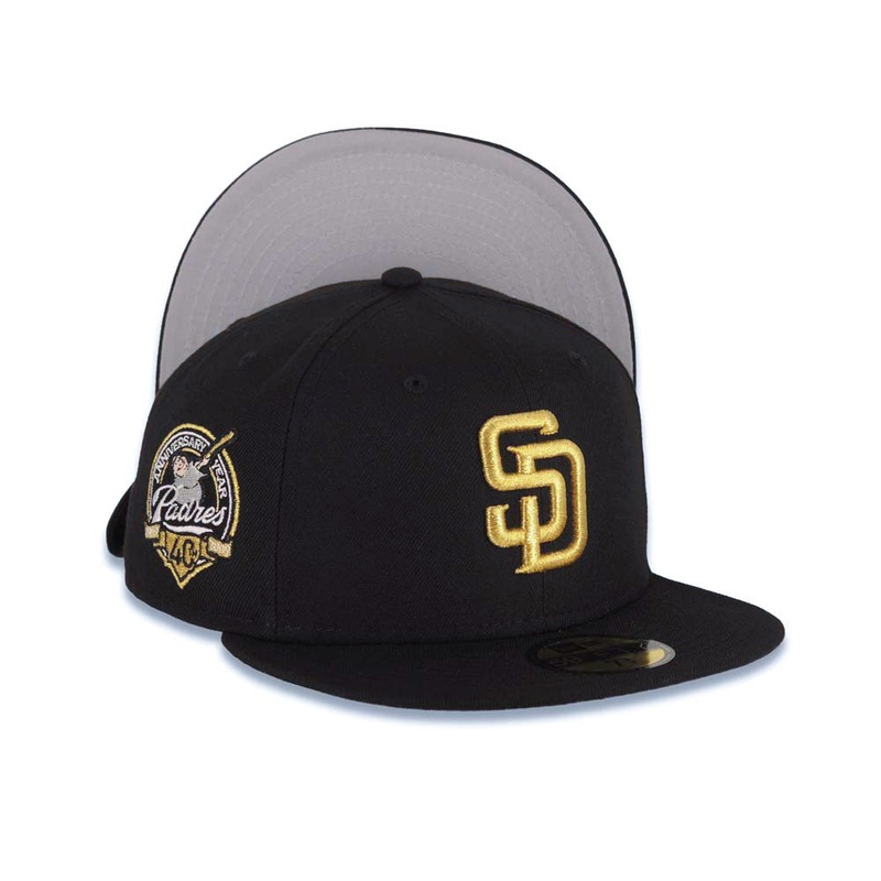 (Youth) San Diego Padres New Era MLB 59FIFTY 5950 Kid Fitted Cap Hat Black Crown/Visor Metallic Gold Logo 40th Anniversary Side Patch Gray UV