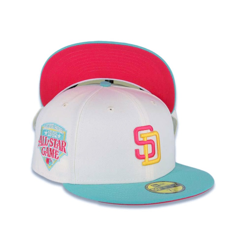 (Youth) San Diego Padres New Era MLB 59FIFTY 5950 Kid Fitted Cap Hat Cream Crown Teal Visor Magenta/Yellow Logo 1992 All-Star Game (City Connect)