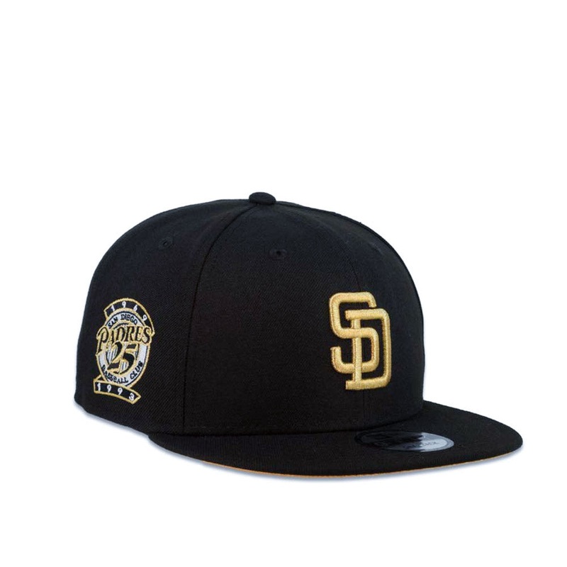 (Youth) San Diego Padres New Era MLB 9FIFTY 950 Kid Snapback Cap Hat Black Crown/Visor Metallic Gold Logo 25th Anniversary Side Patch