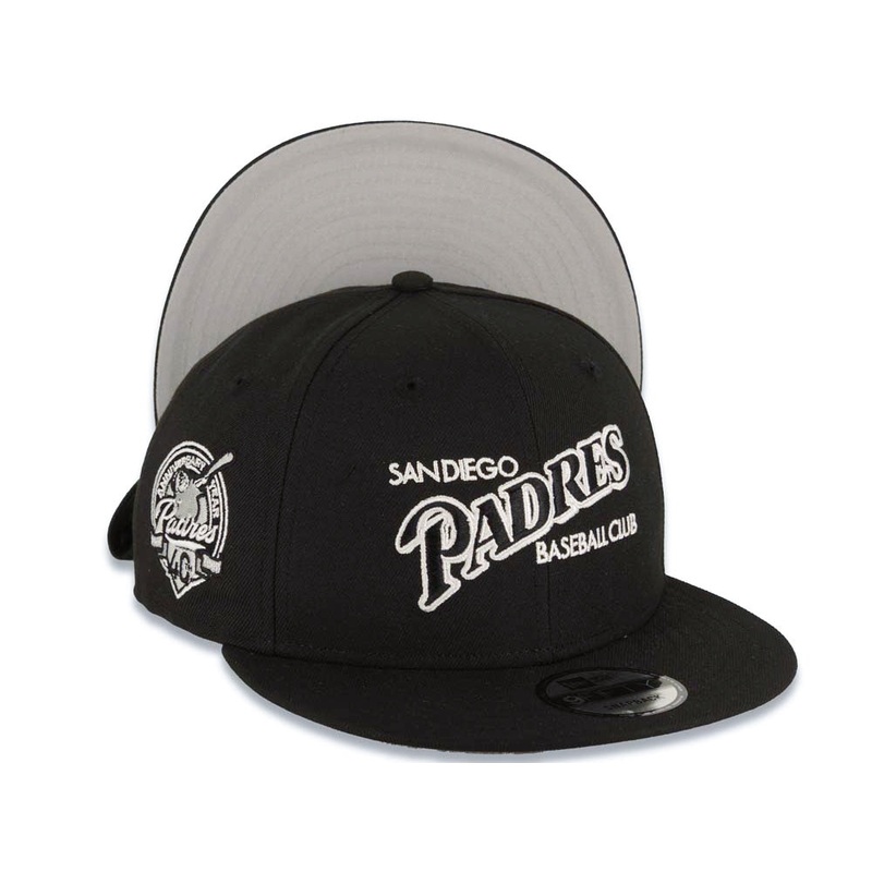 (Youth) San Diego Padres New Era MLB 9FIFTY 950 Kid Snapback Cap Hat Black Crown/Visor White Text/Script Logo 40th Anniversary Side Patch