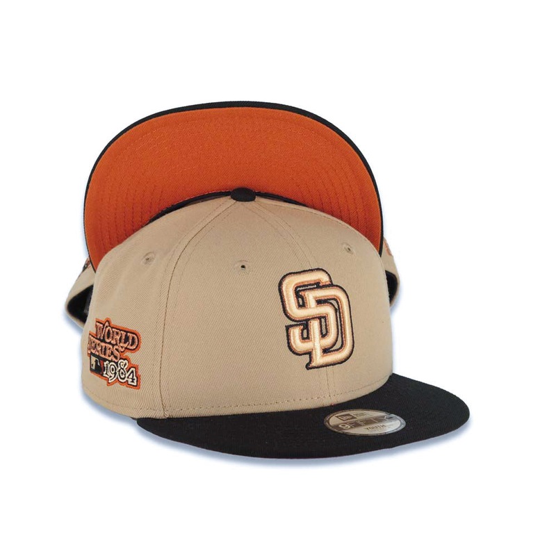 (Youth) San Diego Padres New Era MLB 9FIFTY 950 Kid Snapback Cap Hat Khaki Crown Black Visor Peach/Metallic Brown/Black Logo 1984 World Series Patch