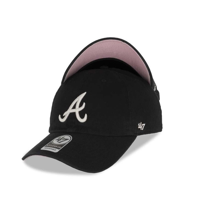 Atlanta Braves ’47 Brand MLB Clean Up Adjustable Cap Hat Black Crown/Visor White Logo Pink UV