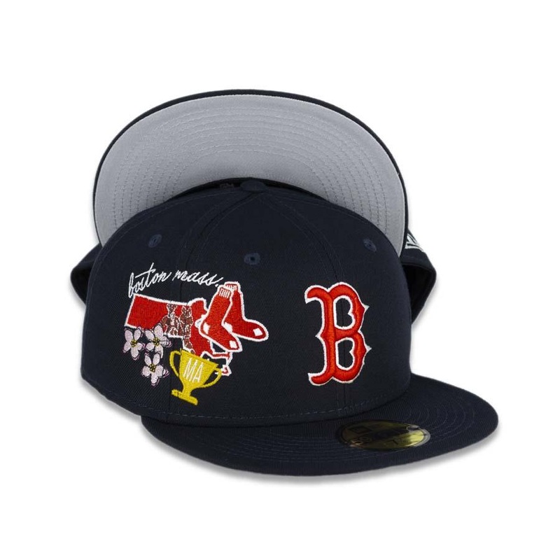 Boston Red Sox New Era MLB 59FIFTY 5950 Fitted Cap Hat Team Color Navy Crown/Visor Red/White Logo City Cluster