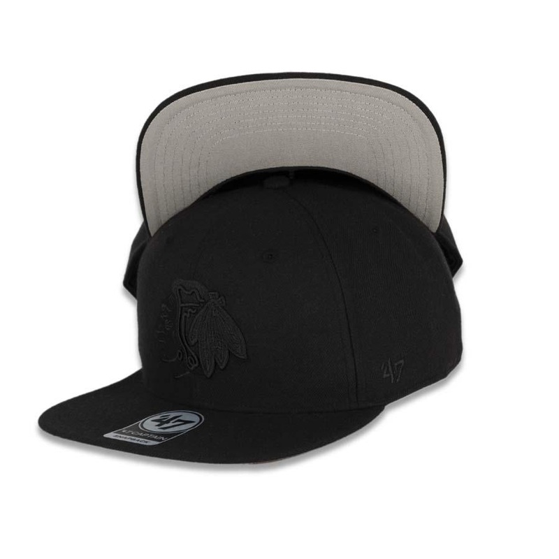 Chicago Blackhawks ’47 Brand NHL Snapback Cap Hat All Black Crown/Visor Black Logo
