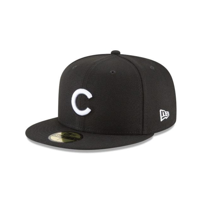 Chicago Cubs New Era MLB 59FIFTY 5950 Fitted Cap Hat Black Crown/Visor White Logo