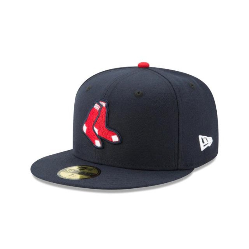 (Youth/Adult) Boston Red Sox New Era MLB 59FIFTY 5950 Fitted Cap Hat Navy Crown/Visor Red/White “Socks” Logo
