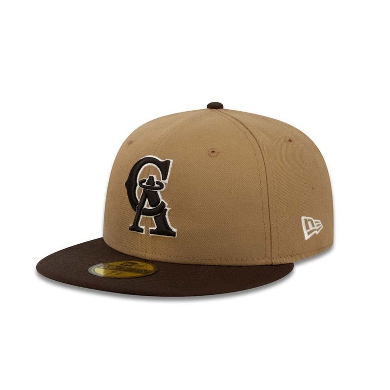 Californa Angels New Era MLB 59FIFTY 5950 Fitted Cap Hat Khaki Crown Brown Visor Brown White Retro Logo