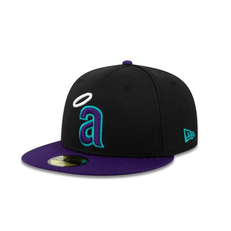 California Angels New Era MLB 59FIFTY 5950 Fitted Cap Hat Black Crown Purple Visor Purple/Teal/White Logo