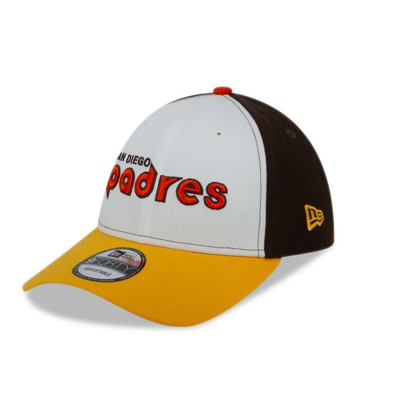 San Diego Padres New Era MLB 9FORTY 940 Adjustable Cap Hat White/Brown Crown Yellow Visor Brown/Orange Script Logo