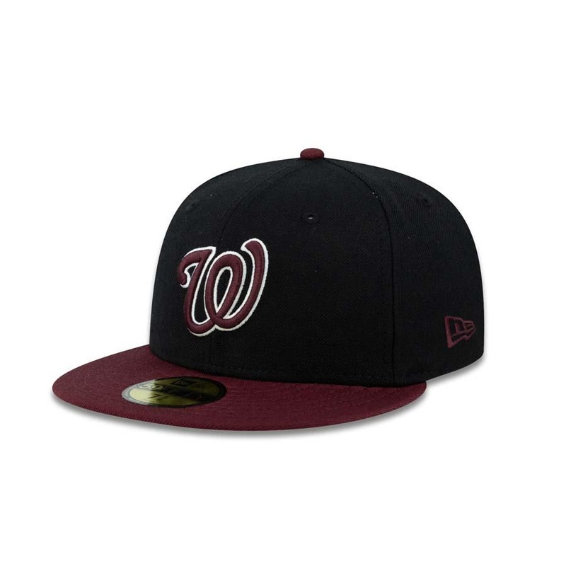 Washington Nationals New Era MLB 59FIFTY 5950 Fitted Cap Hat Black Crown Maroon Visor Maroon/White Logo