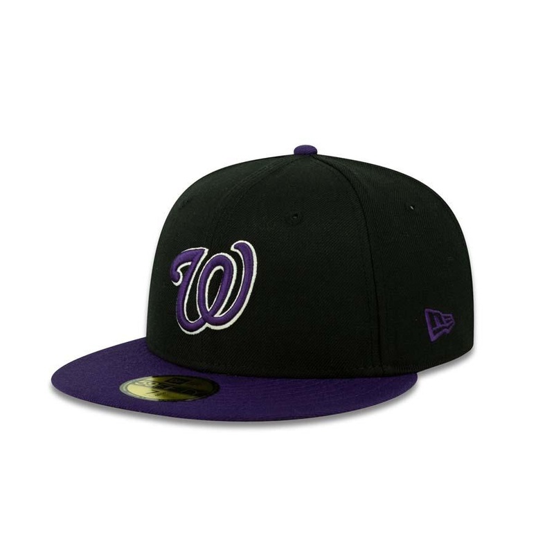 Washington Nationals New Era MLB 59FIFTY 5950 Fitted Cap Hat Black Crown Purple Visor Purple/White Logo