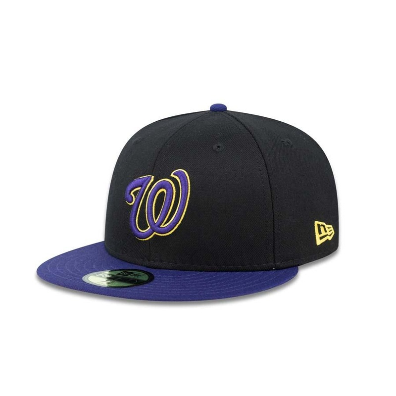 Washington Nationals New Era MLB 59FIFTY 5950 Fitted Cap Hat Black Crown Purple Visor Purple/Yellow Logo