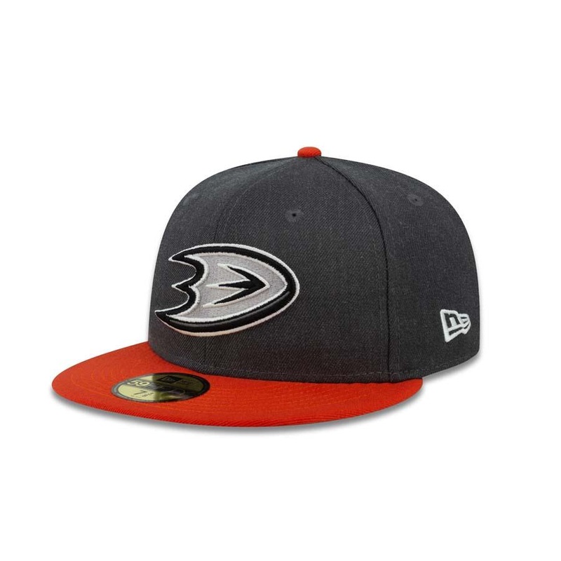 Ahaheim Ducks New Era NHL 59FIFTY 5950 Fitted Cap Hat Heather Dark Gray Crown Orange Visor Black/White Logo