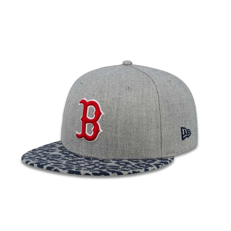 Boston Red Sox New Era MLB 59FIFTY 5950 Fitted Cap Hat Heather Gray Crown Red/White Logo Leopard Vize