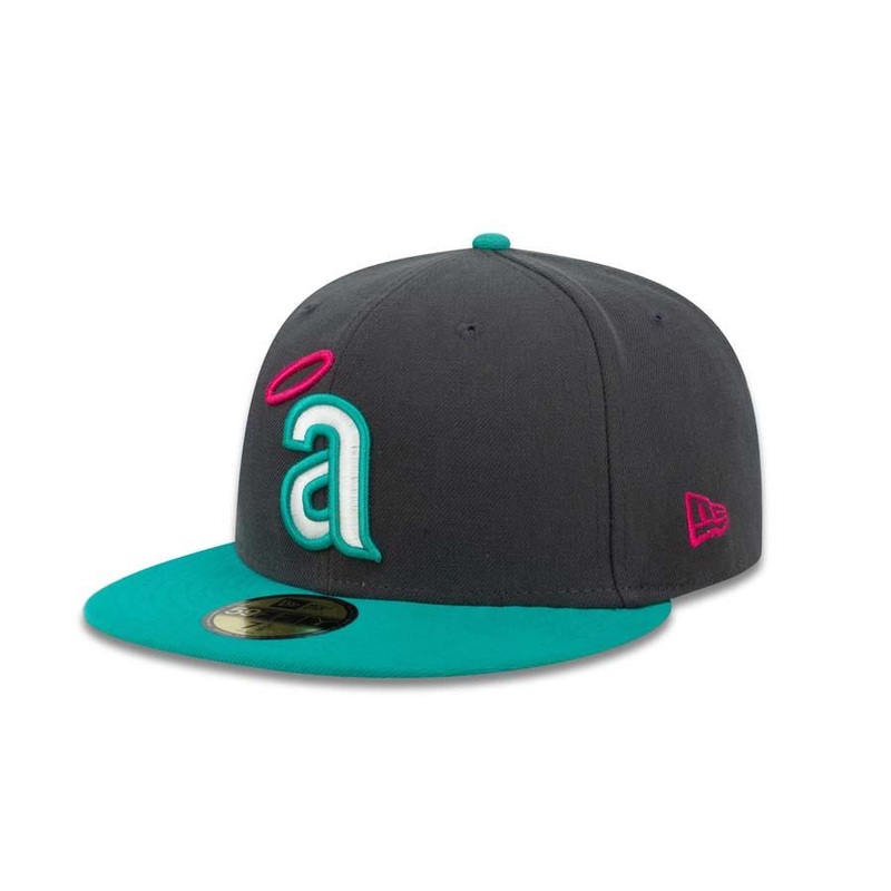 California Angels New Era MLB 59FIFTY 5950 Fitted Cap Hat Dark Gray Crown Teal Visor White/Teal/Magenta Logo
