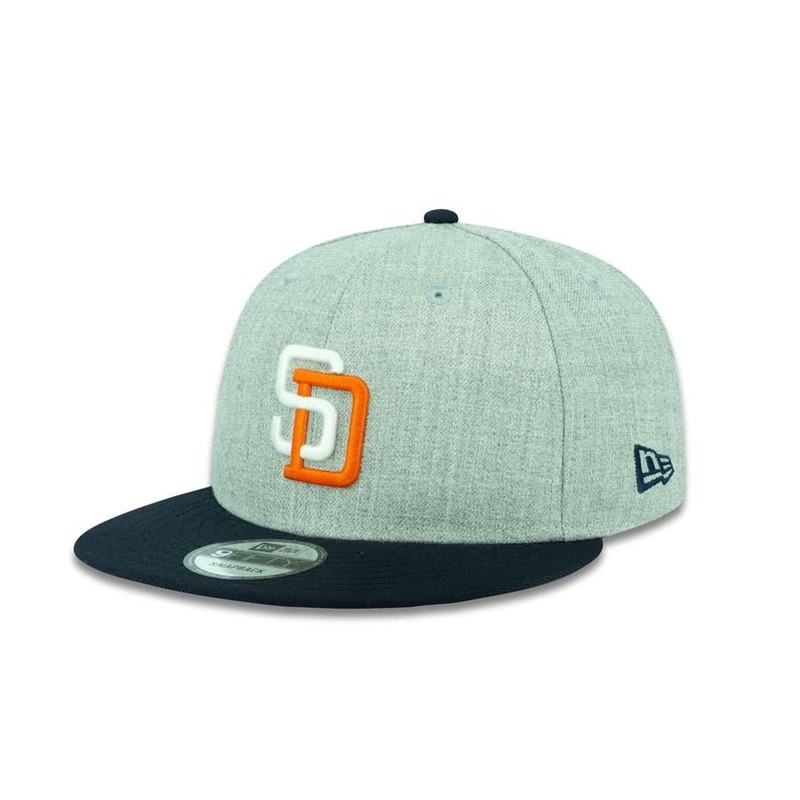 San Diego Padres New Era MLB 9FIFTY 950 Snapback Cap Hat Heather Gray Crown Navy Visor White/Orange Logo