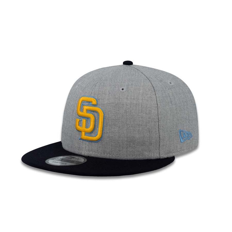 San Diego Padres New Era MLB 9FIFTY 950 Snapback Cap Hat Heather Gray Crown Navy Visor Yellow/Sky Blue Logo