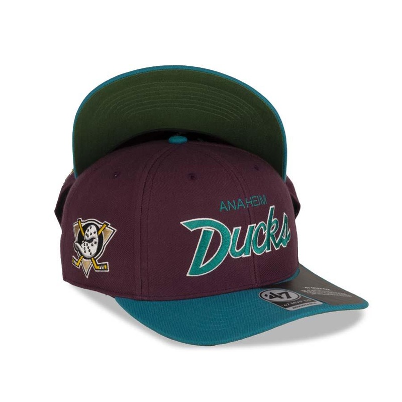 Ahaheim Mighty Ducks ’47 Brand NHL Snapback Cap Hat Maroon Crown Teal Visor Script Retro Logo