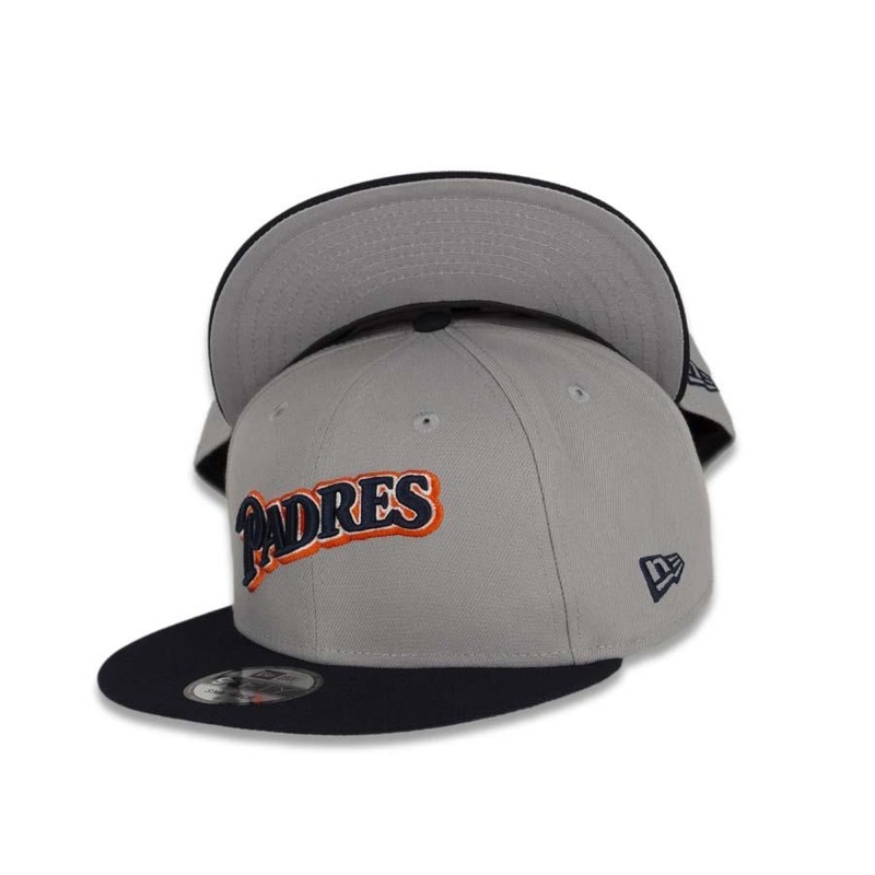 San Diego Padres New Era MLB 9FIFTY 950 Snapback Cap Hat Gray Crown Navy Visor Navy/White/Orange Script Logo