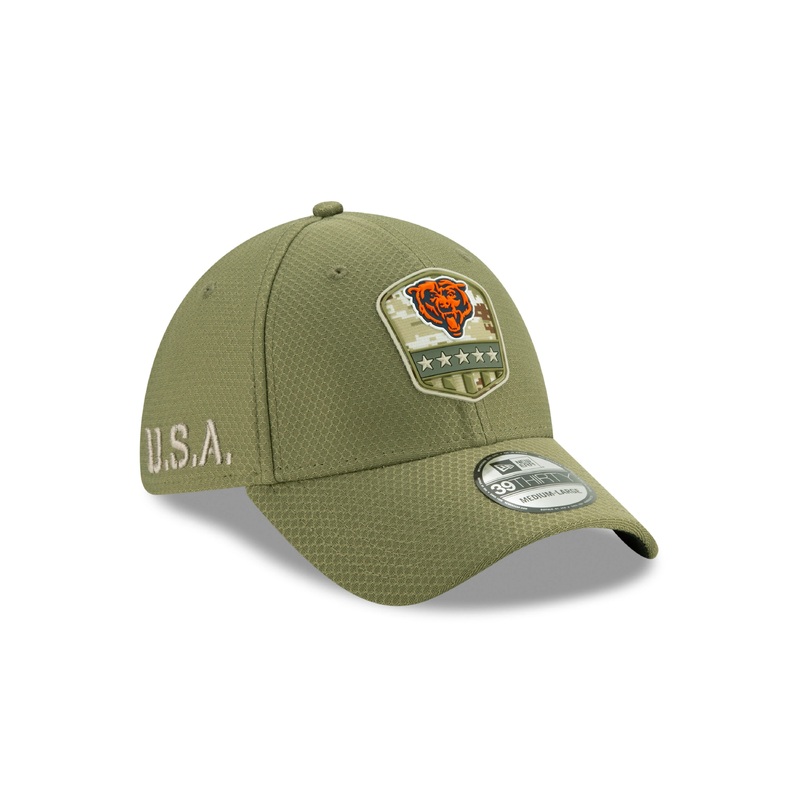 Chicago Bears New Era NFL 39THIRTY 3930 Flexfit 2019 Salute To Service Cap Hat Olive Crown/Visor Team Color Logo