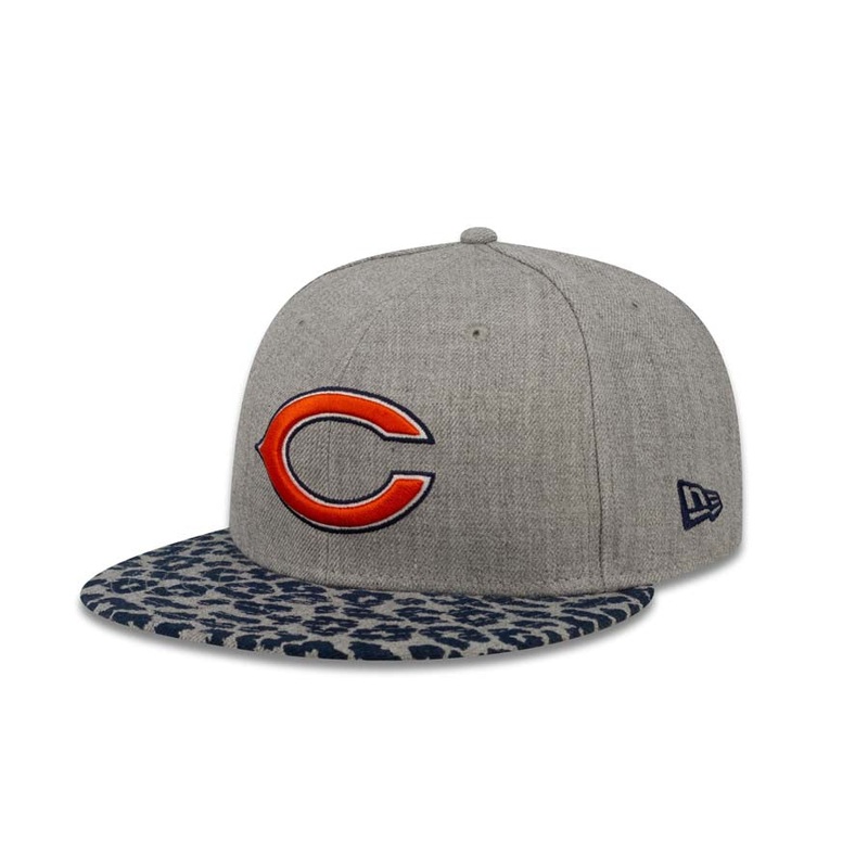 Chicago Bears New Era NFL 59FIFTY 5950 Fitted Cap Hat Heather Gray Crown Navy Leopard Print Visor Team Color Logo (Leopardvize)