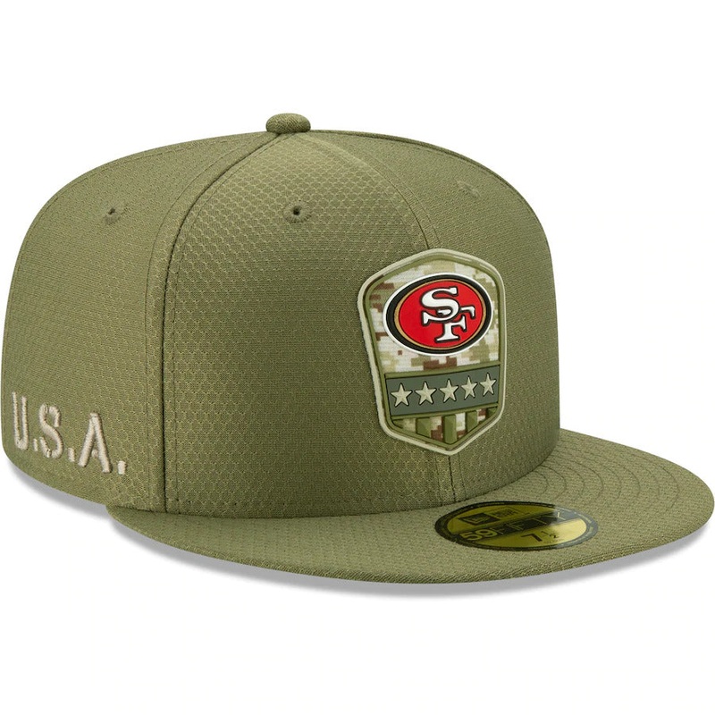 San Francisco 49ers New Era NFL 59FIFTY 5950 Fitted 2019 Salute To Service Cap Hat Olive Green Crown/Visor Team Color Logo
