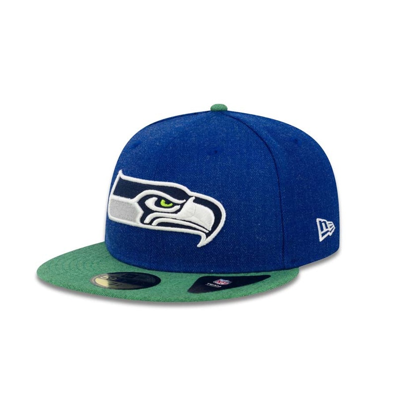 Seattle Seahawks New Era NFL 59FIFTY 5950 Fitted Cap Hat Heather Navy Crown Heather Green Visor Team Color Logo