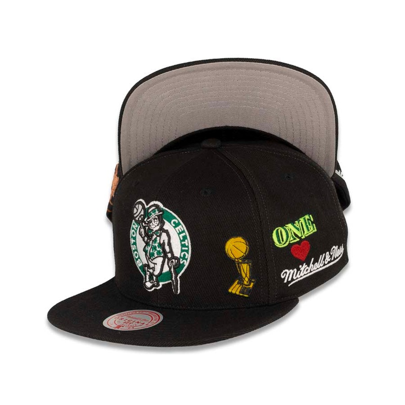 Boston Celtics Mitchell & Ness NBA Snapback Cap Hat Black Crown/Visor Team Color HWC Logo With Multiple Patches (Hyperlocal)