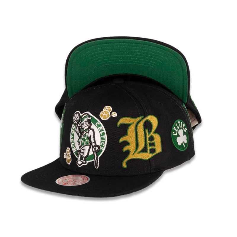 Boston Celtics Mitchell & Ness NBA Snapback Cap Hat Black Crown/Visor Team Color Logo With Multiple Patches (My City)