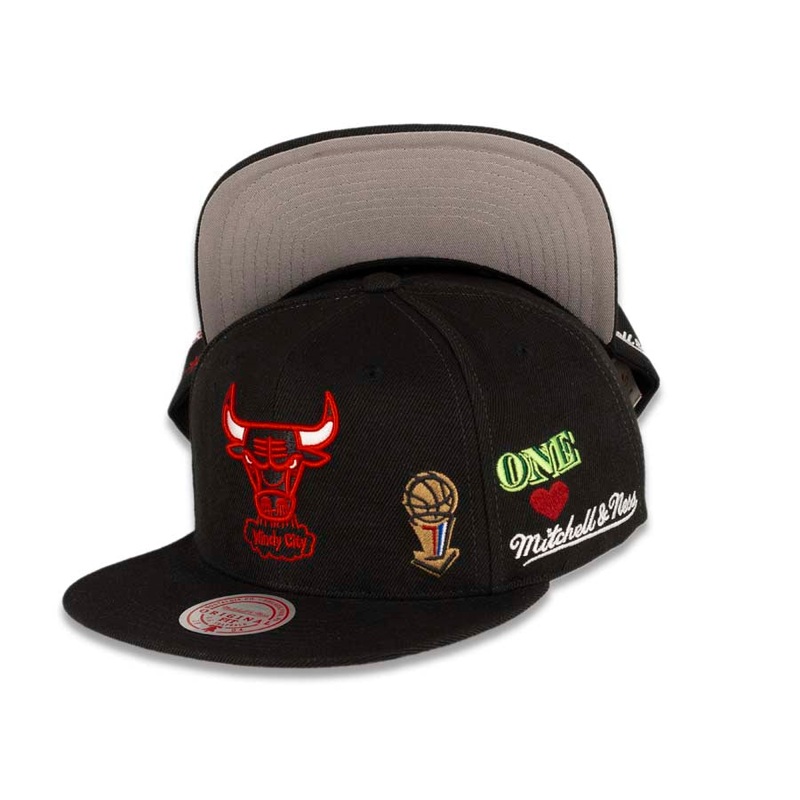 Chicago Bulls Mitchell & Ness NBA Snapback Cap Hat Black Crown/Visor Team Color HWC Logo With Multiple Patches (Hyperlocal)