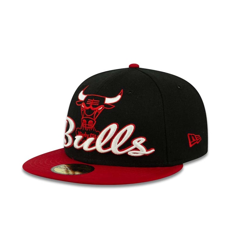 Chicago Bulls New Era 59FIFTY 5950 NBA Fitted Cap Hat Black Crown Red Visor Team Color HWC Logo With White/Red Script (Script Punch)