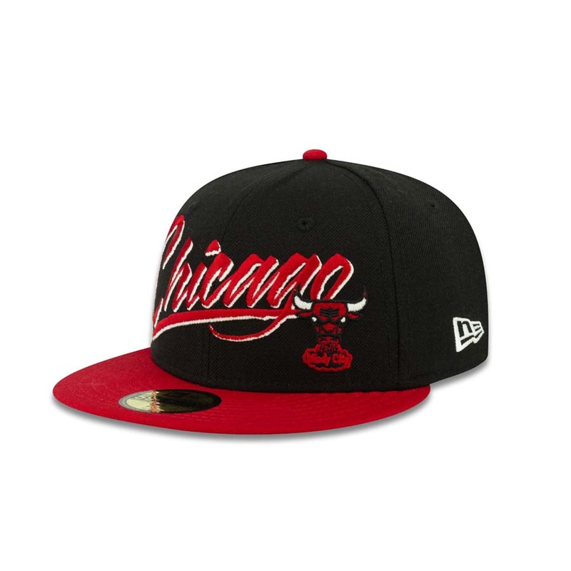 Chicago Bulls New Era NBA 59FIFTY 5950 Fitted Cap Hat Black Crown Red Visor Team Color Script Retro Logo