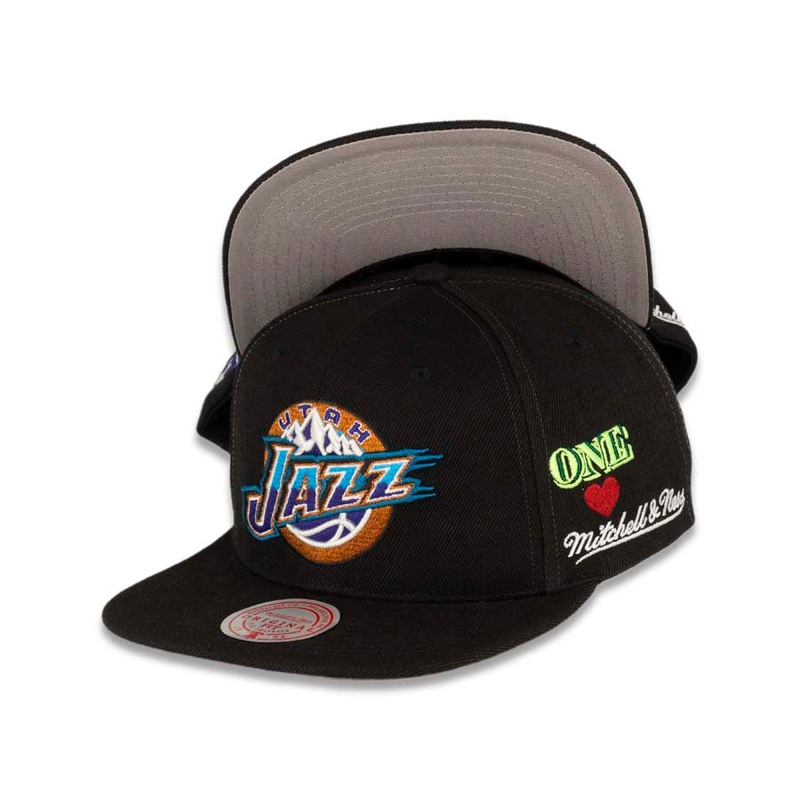 Utah Jazz Mitchell & Ness NBA Snapback Cap Hat Black Crown/Visor Team Color HWC Logo With Multiple Patches (Hyperlocal)