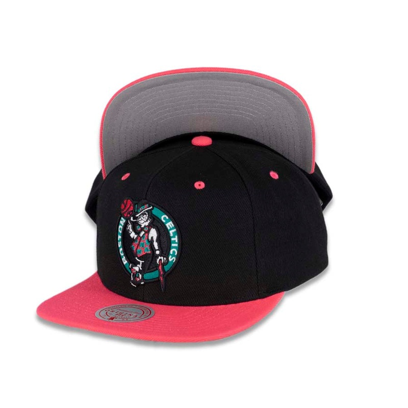 Boston Celtics Mitchell & Ness NBA Snapback Cap Hat Black Crown Pink Visor Team Color Logo (Santa Ana)