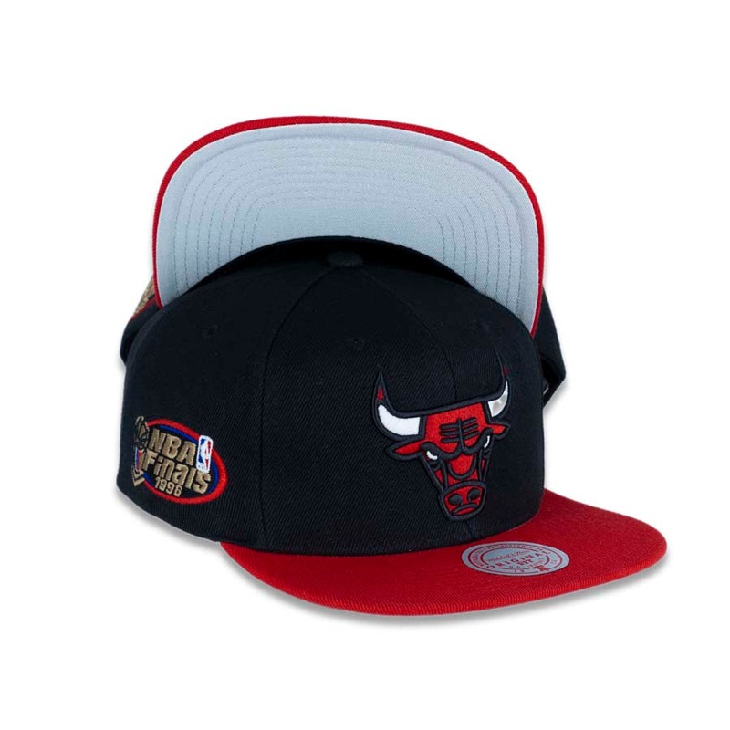 Chicago Bulls Mitchell & Ness NBA Glow Team Snapback Cap Hat Black Crown Red Visor Team Color Logo 1996 Finals Side Patch