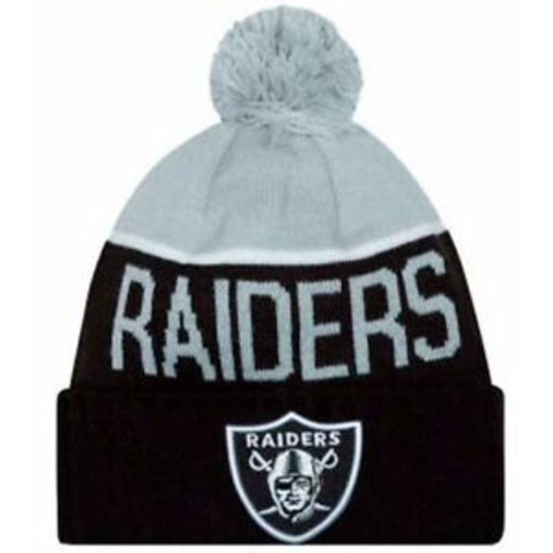 Oakland Raiders New Era NFL Cuffed Pom Knit 2015 Sideline Hat Gray/Black Crown Black Cuff Team Color Logo