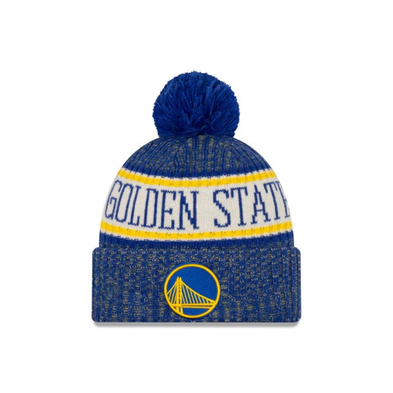 Golden State Warriors New Era NBA Cuffed Pom Knit Sideline 2018 Hat Royal Blue/Yellow/White Crown/Visor Team Color Logo